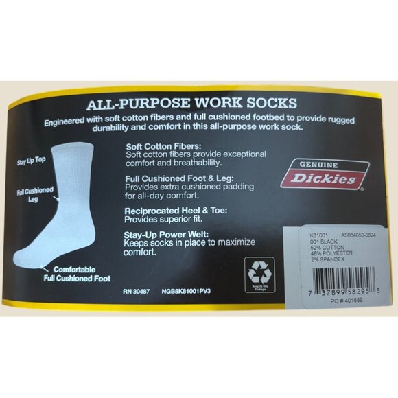 Genuine Dickies All-Purpose Cushion Crew Work Socks 8 Pairs Size 6-12 Black Mach - Picture 4 of 4